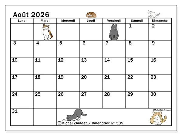 Calendrier août 2026 à imprimer - Vie de chat