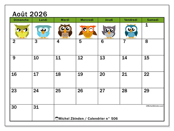 Calendrier août 2026 à imprimer - Hiboux amusants - Semaine du dimanche au samedi