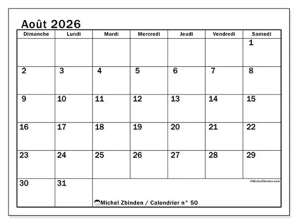 Calendrier août 2026 à imprimer - Planification optimale - Semaine du dimanche au samedi