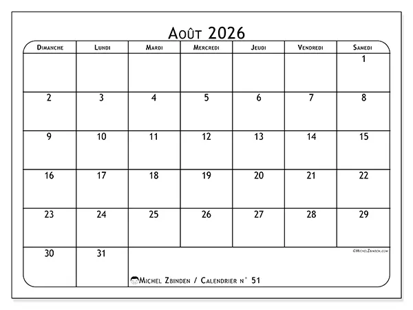 Calendrier août 2026 à imprimer - Programme des repas - Semaine du dimanche au samedi