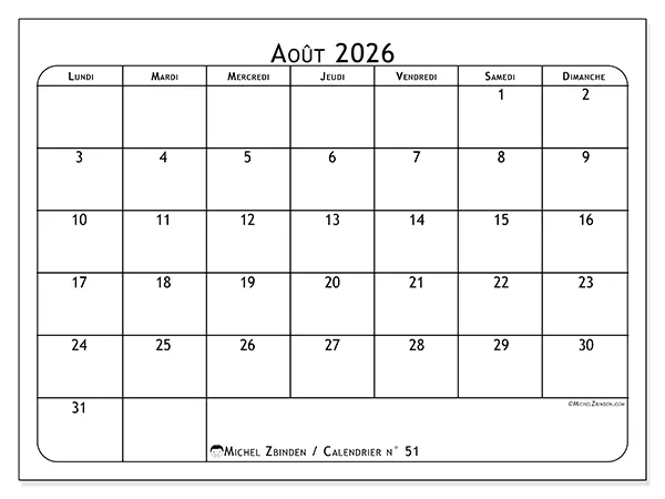 Calendrier août 2026 à imprimer - Programme des repas