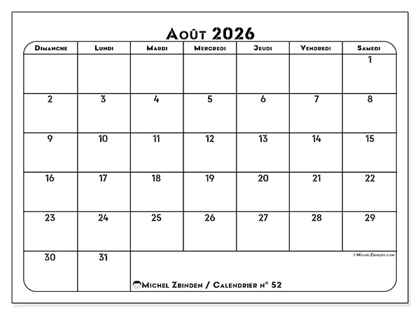 Calendrier août 2026 à imprimer - Organisation professionnelle - Semaine du dimanche au samedi