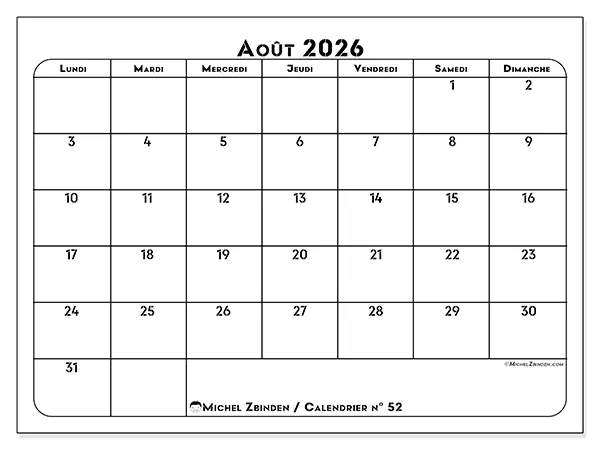 Calendrier août 2026 à imprimer - Organisation professionnelle