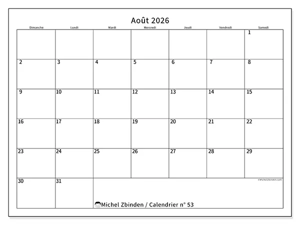 Calendrier août 2026 à imprimer - Horaire efficace - Semaine du dimanche au samedi