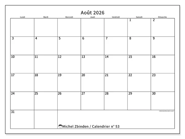 Calendrier août 2026 à imprimer - Horaire efficace