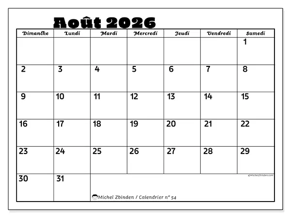 Calendrier août 2026 à imprimer - Activités en famille - Semaine du dimanche au samedi