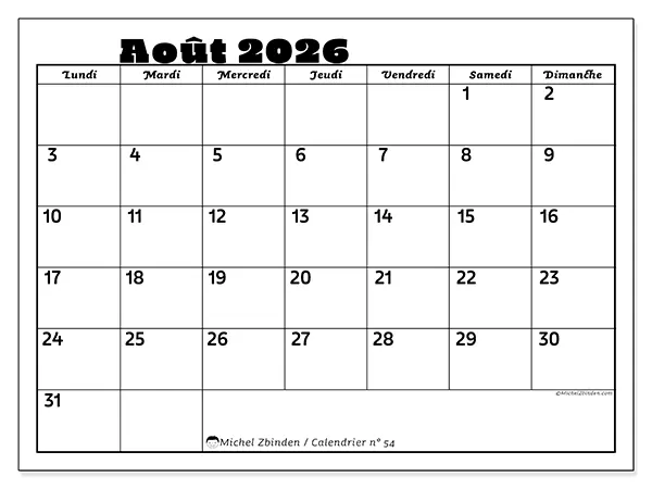 Calendrier août 2026 à imprimer - Activités en famille