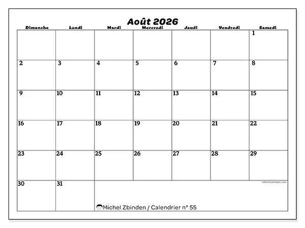 Calendrier août 2026 à imprimer - Organisation des loisirs - Semaine du dimanche au samedi
