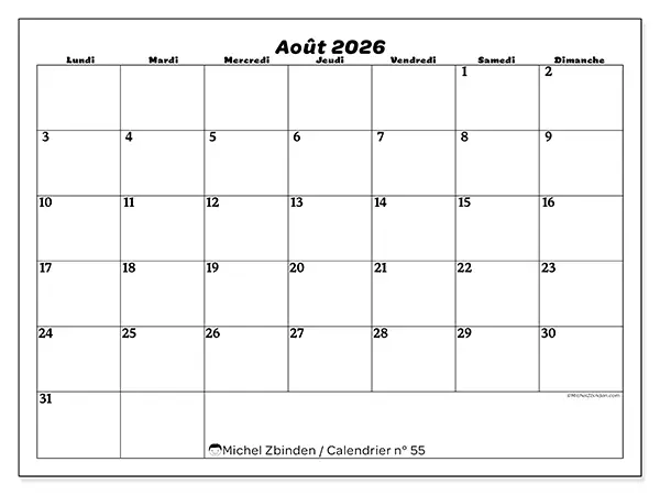 Calendrier août 2026 à imprimer - Organisation des loisirs