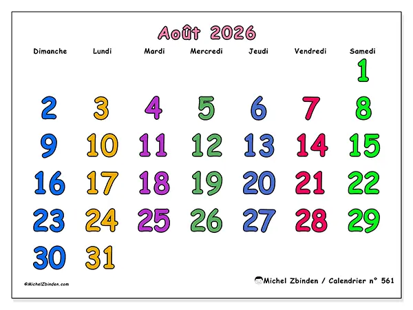 Calendrier août 2026 à imprimer - Moments créatifs - Semaine du dimanche au samedi