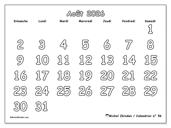 Calendrier août 2026 à imprimer - Coloriage utile - Semaine du dimanche au samedi
