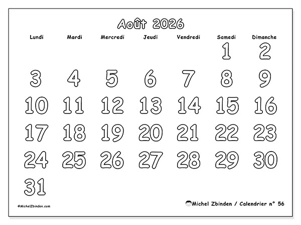 Calendrier août 2026 à imprimer - Coloriage utile