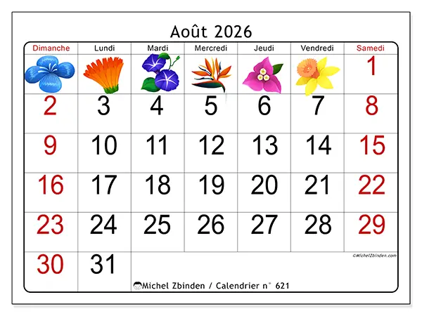Calendrier août 2026 à imprimer - Grandes fleurs - Semaine du dimanche au samedi
