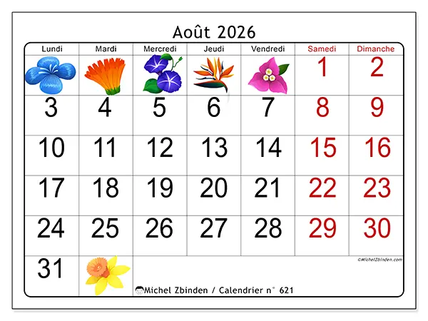 Calendrier août 2026 à imprimer - Grandes fleurs