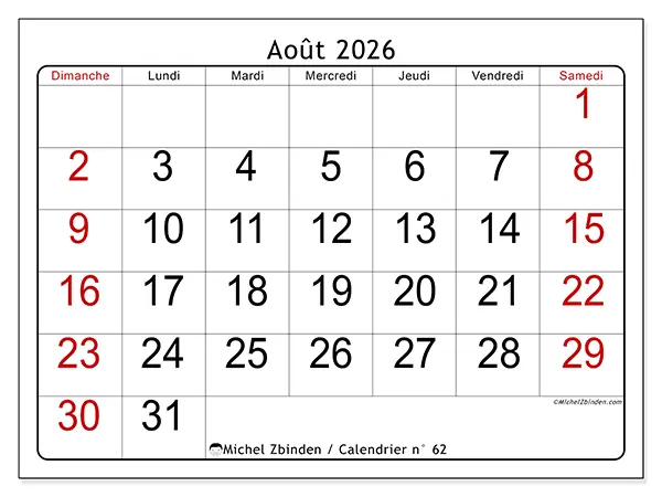 Calendrier août 2026 à imprimer - Lecture rapide - Semaine du dimanche au samedi