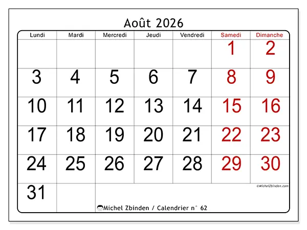 Calendrier août 2026 à imprimer - Lecture rapide
