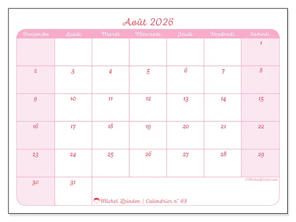 Calendrier août 2026 à imprimer - Organisation en douceur - Semaine du dimanche au samedi