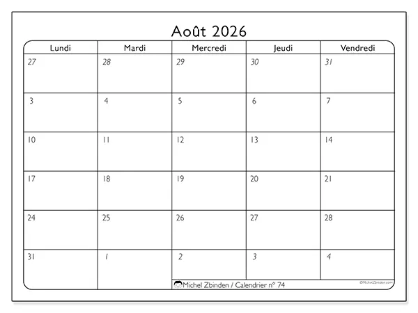 Calendrier août 2026 à imprimer - Organisation du travail