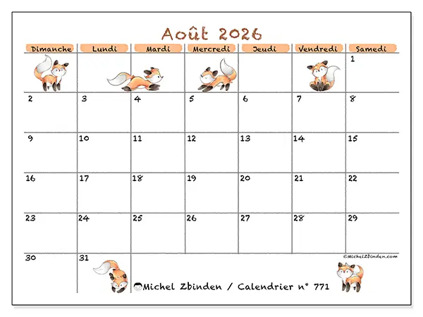Calendrier août 2026 à imprimer - Dessins de renards - Semaine du dimanche au samedi