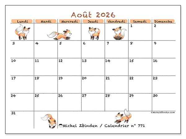 Calendrier août 2026 à imprimer - Dessins de renards
