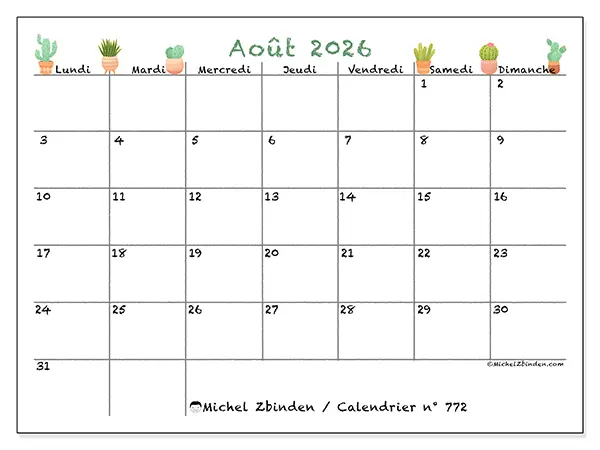 Calendrier août 2026 à imprimer - Cactus décoratifs