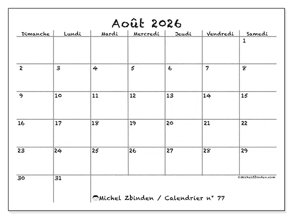 Calendrier août 2026 à imprimer - École et famille - Semaine du dimanche au samedi