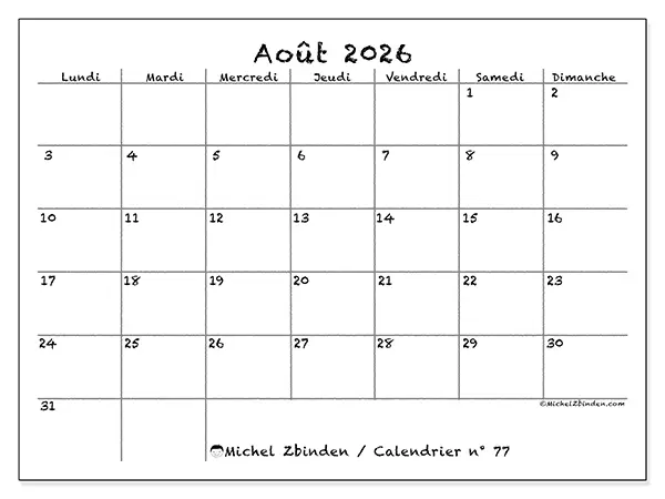 Calendrier août 2026 à imprimer - École et famille