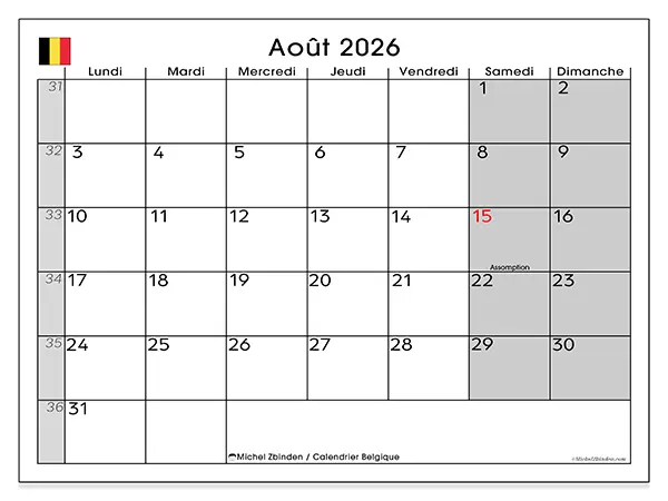 Calendrier août 2026 à imprimer - Belgique