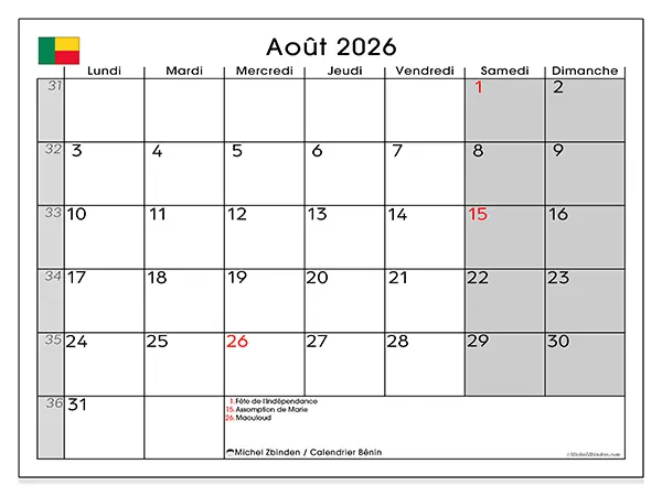 Calendrier août 2026 à imprimer - Bénin