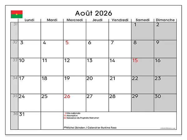 Calendrier août 2026 à imprimer - Burkina Faso