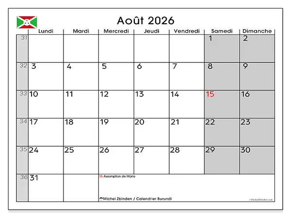 Calendrier août 2026 à imprimer - Burundi