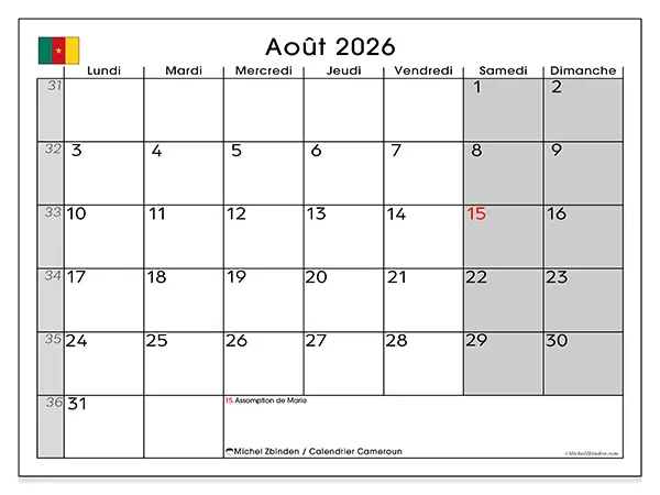 Calendrier août 2026 à imprimer - Cameroun