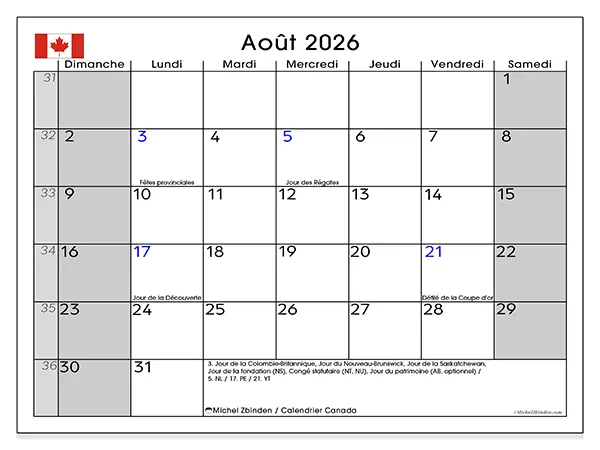 Calendrier août 2026 à imprimer - Canada