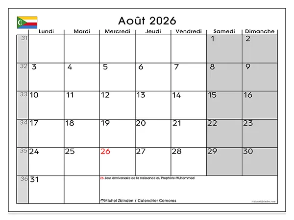 Calendrier août 2026 à imprimer - Comores