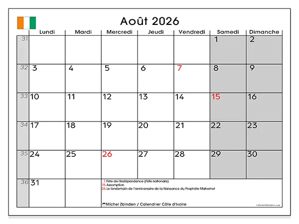 Calendrier août 2026 à imprimer - Côte d’Ivoire