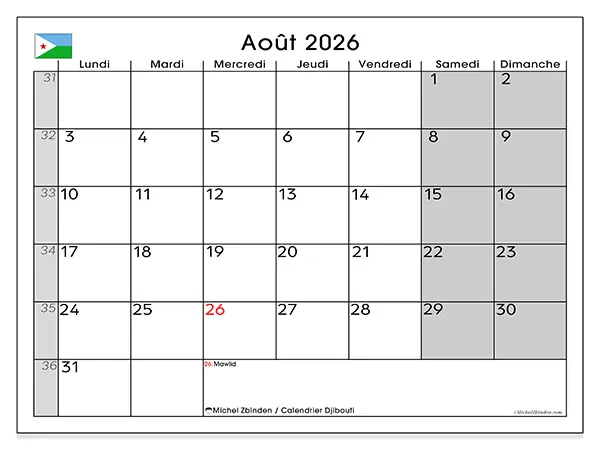 Calendrier août 2026 à imprimer - Djibouti