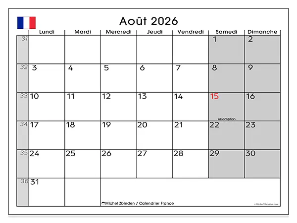 Calendrier août 2026 à imprimer - France