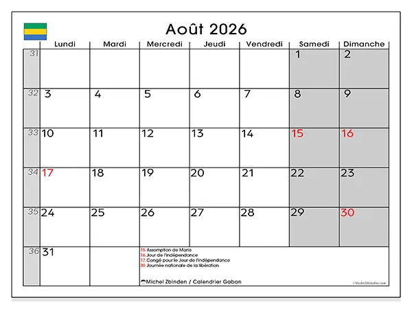 Calendrier août 2026 à imprimer - Gabon