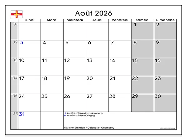 Calendrier août 2026 à imprimer - Guernesey