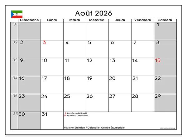 Calendrier août 2026 à imprimer - Guinée équatoriale