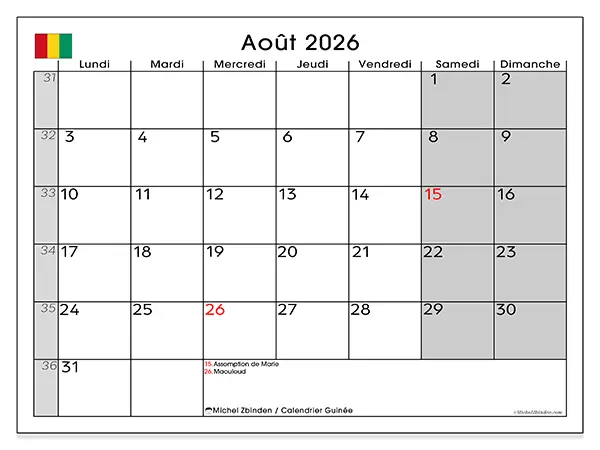 Calendrier août 2026 à imprimer - Guinée