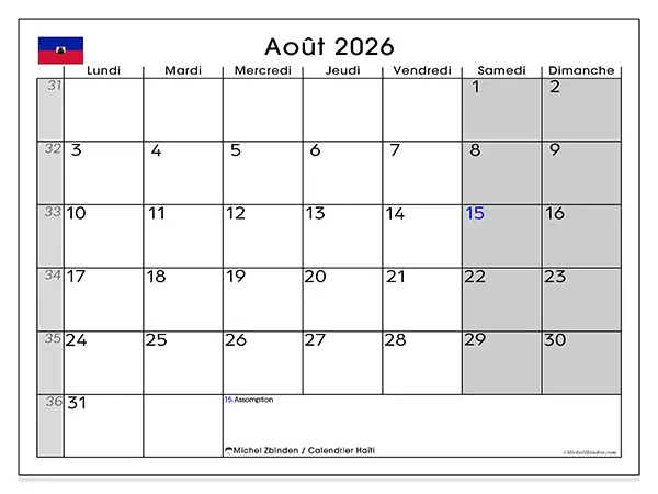 Calendrier août 2026 à imprimer - Haïti