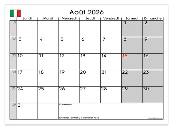 Calendrier août 2026 à imprimer - Italie