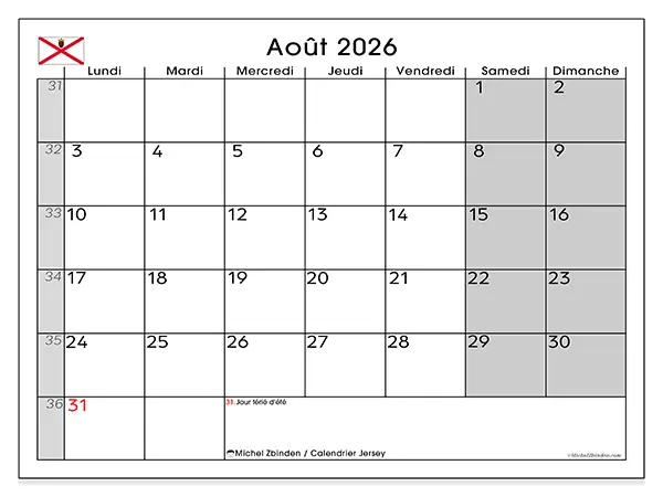Calendrier août 2026 à imprimer - Jersey