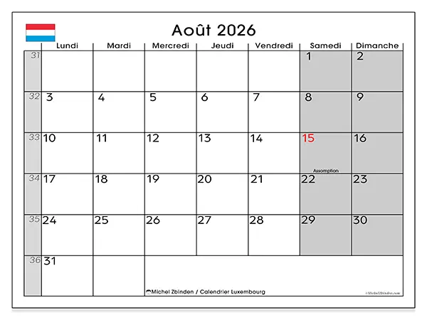 Calendrier août 2026 à imprimer - Luxembourg