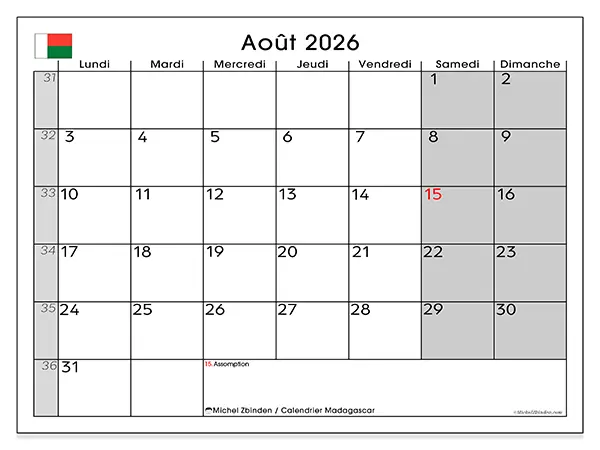 Calendrier août 2026 à imprimer - Madagascar