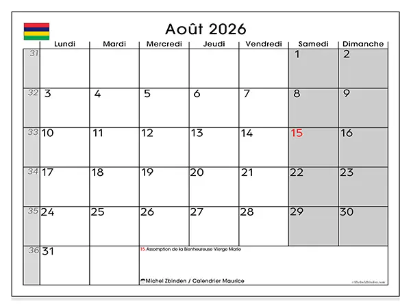 Calendrier août 2026 à imprimer - Maurice