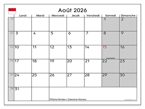 Calendrier août 2026 à imprimer - Monaco