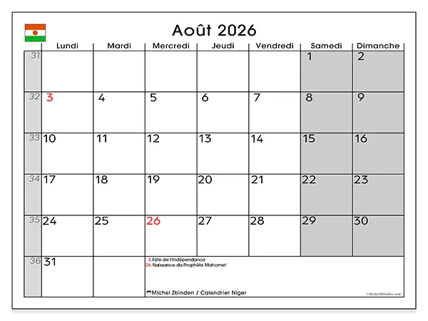 Calendrier août 2026 à imprimer - Niger