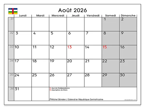 Calendrier août 2026 à imprimer - République centrafricaine